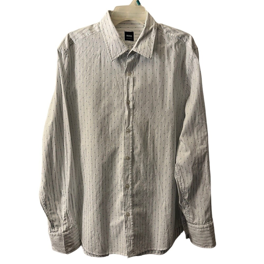 Hugo Boss Regular Fit Striped And Spotted White Button Dress Shirt Mens Size XL
